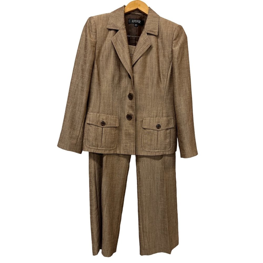Kasper Petite 10P Pant Suit Golden Textured Light Brown Pant Blazer Jacket